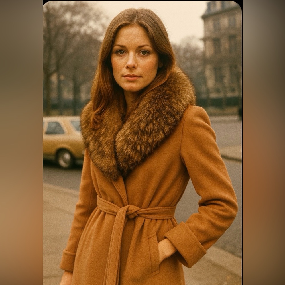 Vintage 1970s Pea Coat with Fur Collar